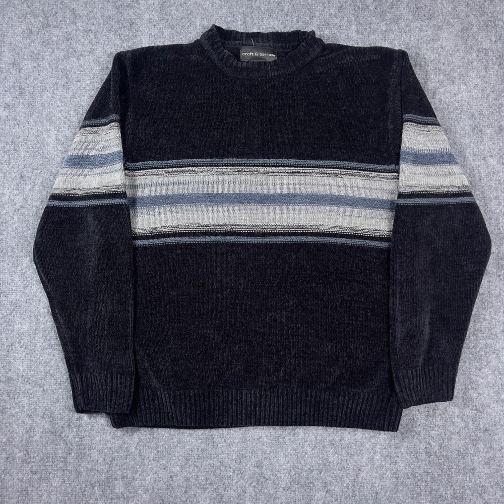 Croft & Barrow Striped Chenille Sweater Mens Medium Black Grey Crew Neck Knit